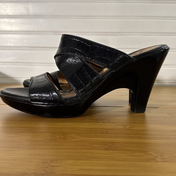 Sofft Jolene Heeled Sandals Black Leather Crocodile Embossed Mules 8.5 M - Picture 4 of 8